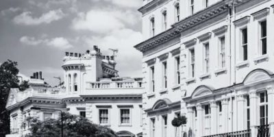 A black and white image of a series of properties in central London.