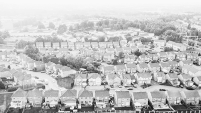 Black and white row of residential houses