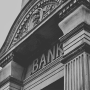 Black and white picture of a bank entrance