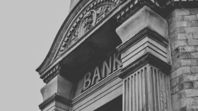 Black and white picture of a bank entrance