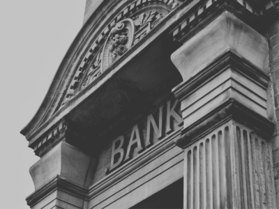 Black and white picture of a bank entrance